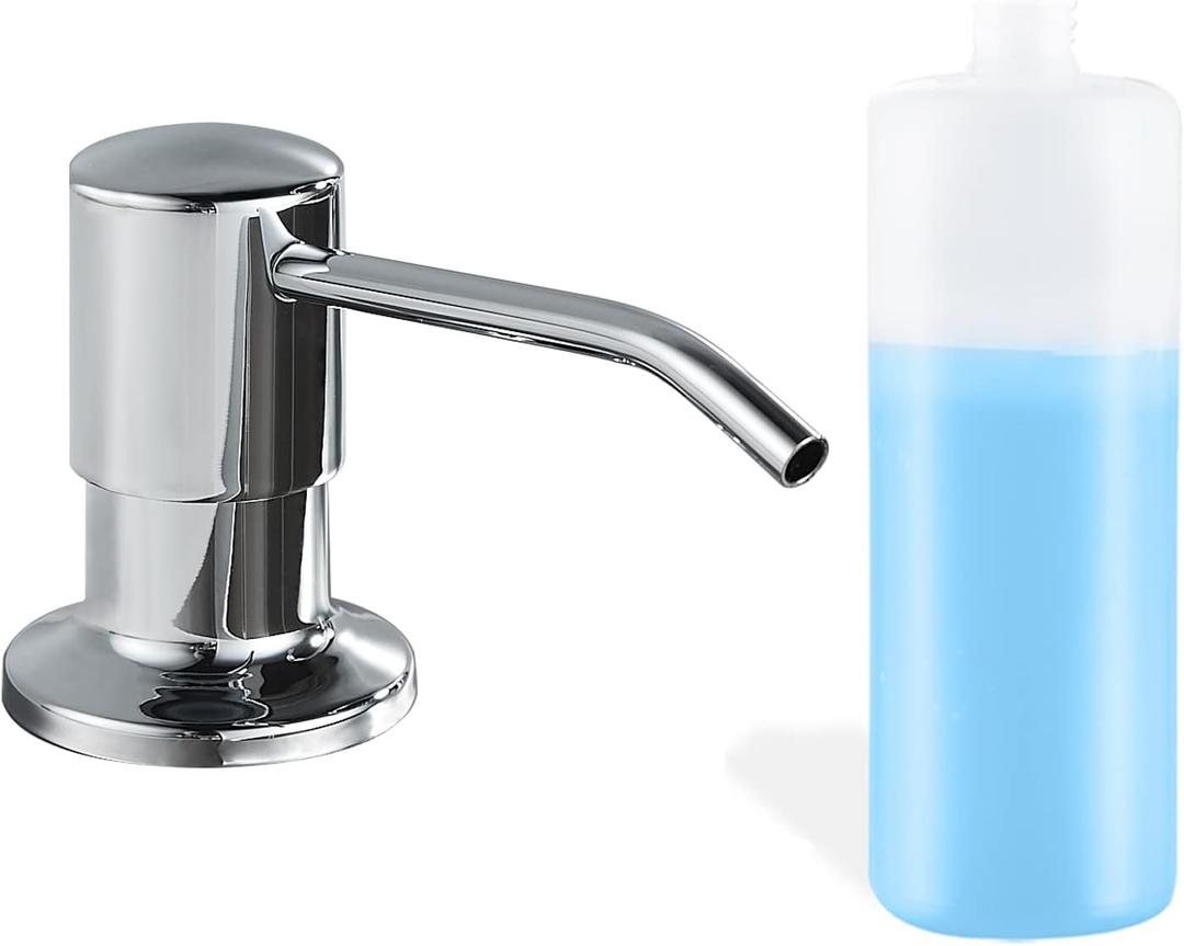 Built in Soap Dispenser for Kitchen Sink, Chrome Stainless Steel Countertop Pump Head (Plastic Inside), Dish Soap Hand Lotion Dispenser with Refillable 17OZ Bottle