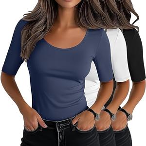 Neer 3 Pack Women's Scoop Neck Stretchy Tops Cotton Half Sleeve Slim Fitted T-Shirts Tight Casual Basic Summer Tees, Large
