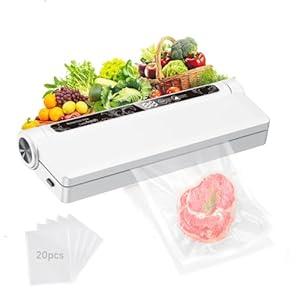 Vacuum Sealer Machine for Food, 75KPA Strong Suction, Moist/ Dry Modes, 20 Vacuum Seal Bags for Food, Digital Countdown Timer, Compact Lightweight, with Starter Kits(White)