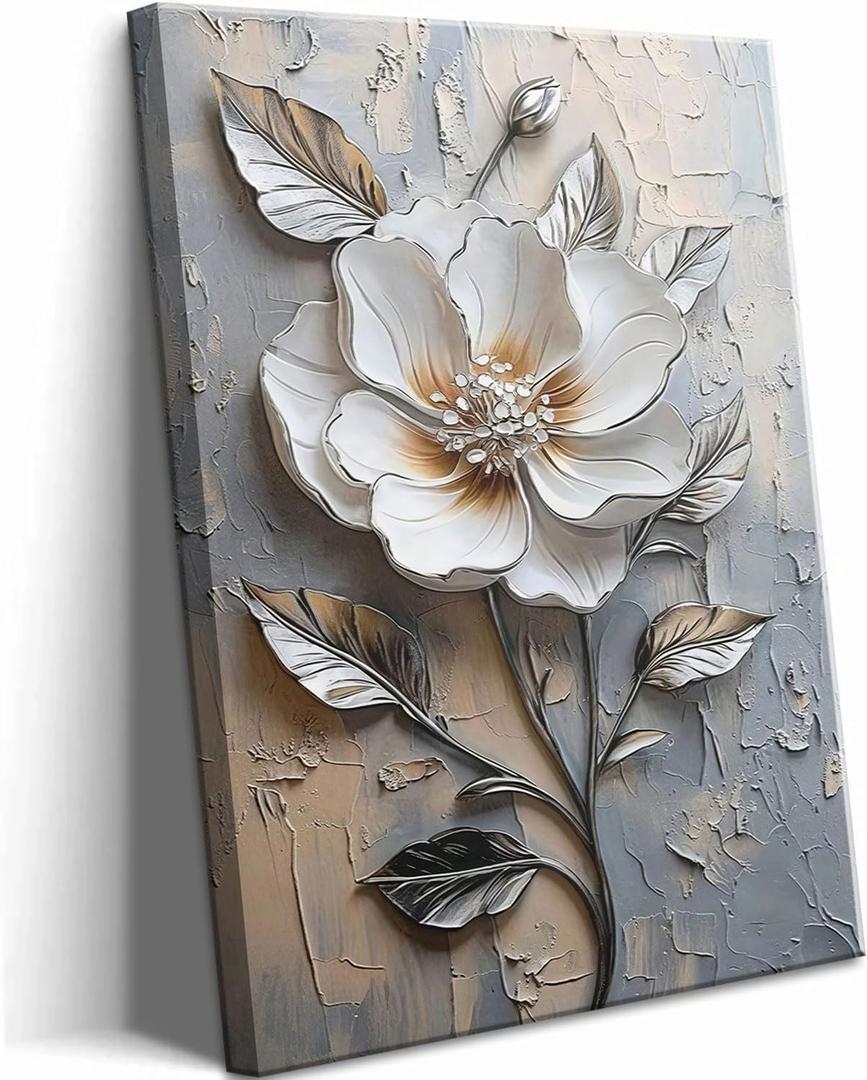 Elegant White Flower Canvas Wall Art Modern Abstract Floral Wall Decor Picture Blooming Flower Poster Print for Office Living Room Bedroom Bathroom Home Decoration 16x24in