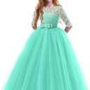 Girls Flower Vintage Floral Lace 3/4 Sleeves Floor Length Dress Wedding Party Evening Formal Pegeant Dance Gown 9-10Y