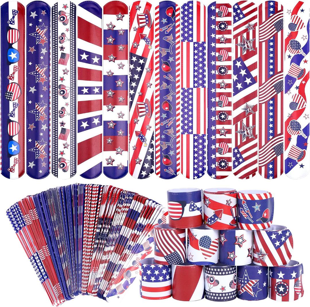 Kolewo4ever 144 Pieces 4th of July Slap Bracelet Independence Day Wristbands American Flag Slap Bracelets Stars Stripes Flag Wristbands for Fourth of July Decorations