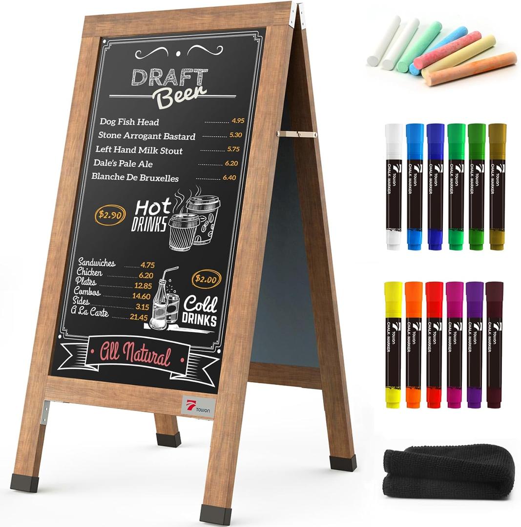 TOWON Large 40"x 20" Wooden A-Frame Chalkboard Sign, Rustic Standing Outdoor Sign, XL Chalk Board Sandwich Board Signs, Magnetic Double-Sided Sidewalk Board Kits for Cafe, Restaurant, Wedding Display