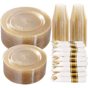 DaYammi 350 Pieces Gold Glitter Dinnerware Set 50 Guest for Party Christmas Plates Disposable - 50 Dinner Plates, 50 Dessert Platos -50 Per Rolled Napkins with Gold Cutlery -50 Disposable Cups 9 OZ