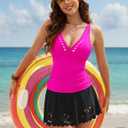 BMJL Womens Tankini Swimsuits with Skirt Tummy Control Bathing Suit V Neck Scalloped Swim Dress (L)