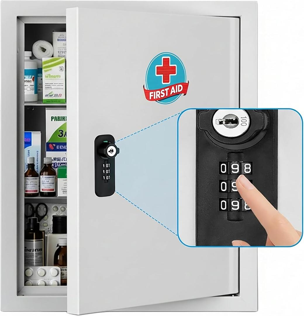 Wall Mounted Metal Medicine Cabinet with Key Lock, First Aid Medication Storage Box, White