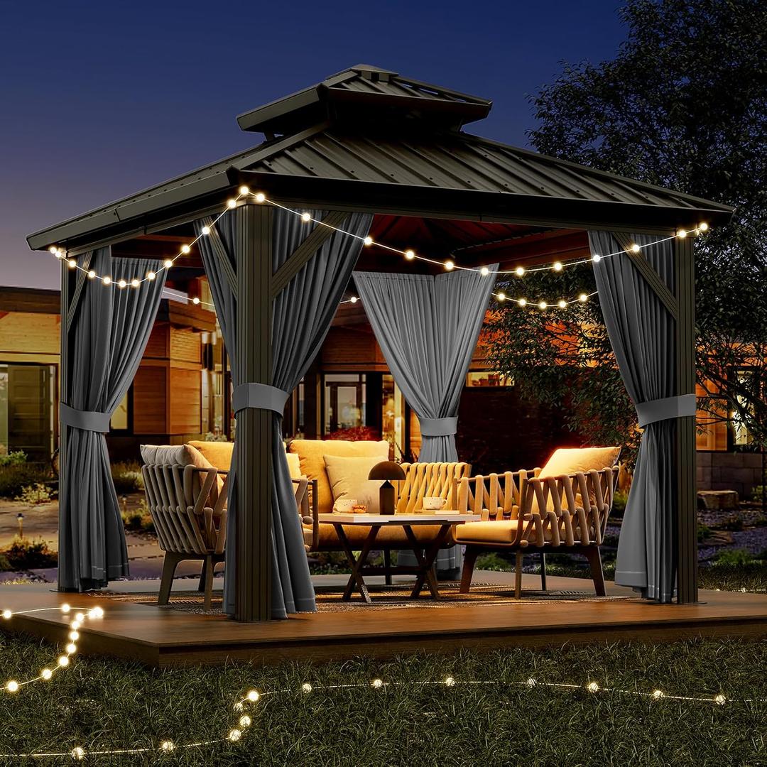 OUTLANE 10x10ft Gazebo, Hardtop Double Roof Canopy with Netting and Curtains, Outdoor Gazebo Galvanized Iron Aluminum Frame Garden Tent for Patio, Backyard, Deck, Lawns (Gray)