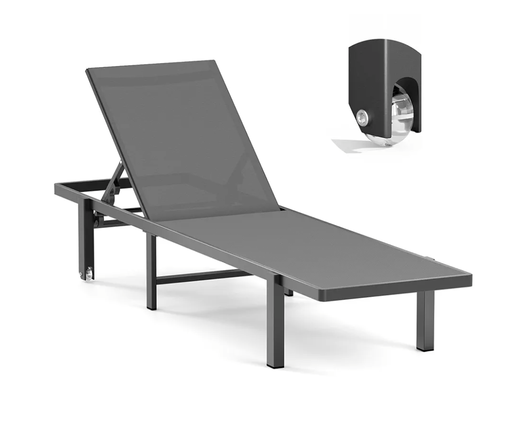 Aluminum Chaise Lounge Chair Outdoor with Wheels, Patio Lounge Chair with Adjustable 5-Position Recliner and Full Flat Tanning Chair for Patio, Beach, Pool, Grey