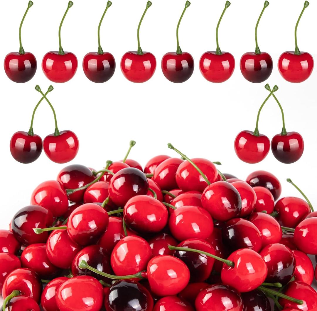 CLESDF 90Pcs Fake Mini Cherries, Artificial Faux Cherries Red and Red Black Cherry Decor, Fake Fruit Decor Simulation Cherry Model for Party Fruit Bowl Home Kitchen Photography Props