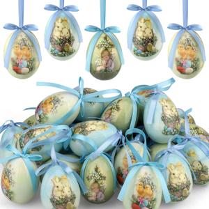 12 Pcs Hanging Easter Eggs Decorations Vintage Style Plastic Easter Tree Ornaments for Home Office Party Basket Vase Spring Wedding Table