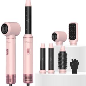 Atopskins 5 in 1 Hair Dryer Brush Set, Detachable Hot Air Styler, Blow Dryer Brush, 3 Heat Settings Auto Curling Wrap Styler, Ionic Hair Styling Tools - Straighten Curl Dry Volumize Smooth (Pink)