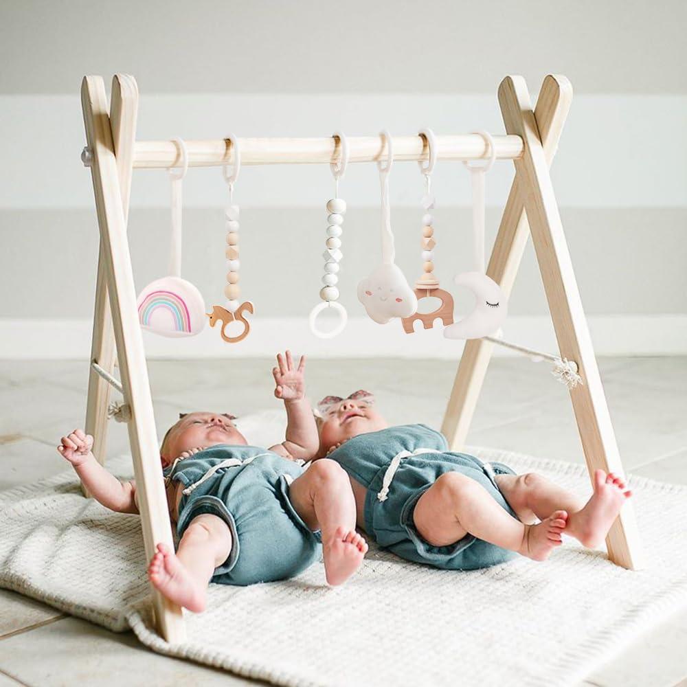 Wooden Baby Gym with 6 Gym Toys, Foldable Baby Play Gym, Natural Pine Wood Play Gym, Frame Activity Center Hanging Bar, Wooden Play Gym