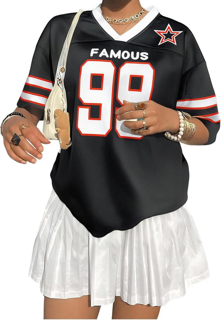 Oversized Jersey Shirts for Women Shirts Y2K Number Graphic Jerseys V Neck Cute Streetwear Tee Tops (Black, S)