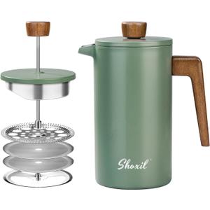 French Press Coffee Maker, 34oz Stainless Steel Green Coffee Press Real Wood Handle, Double Wall Insulated French Coffee Press with Dual-Filter Screen, Perfect for Camping & Kitchen  broken