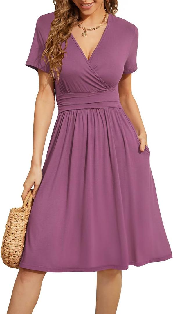 WEACZZY Women Summer Casual Short Sleeve Dresses Empire Waist Dress with Pockets, Mauve, M