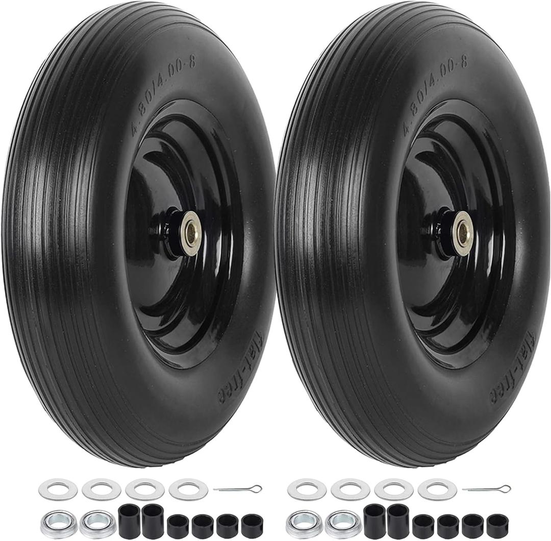 (2-PACK) 4.80/4.00-8" Tire and Wheel - Universal Fit 16" Flat Free Solid Wheelbarrow Tires with 3" Hub and 5/8" Bearings  Extra Adapter kit includes 3/4" Ball Bearings, 1" and 1/2" Nylon Spacers