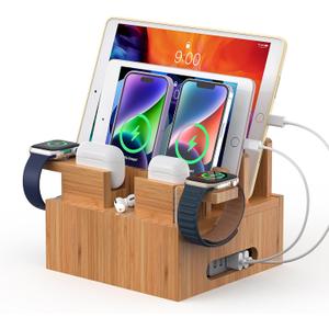 Pezin & Hulin Bamboo Charging Station Organizer for Multiple Devices, Desktop Docking Station Compatible with Phone, Tablet, Earbuds, Smartwatch, (Included 5 Cables, NO Charger HUB)