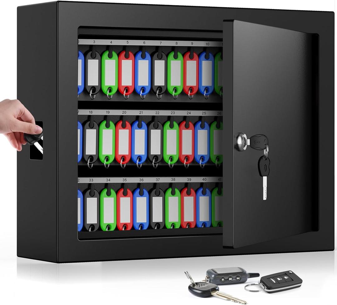 75 Keys Key Lock Box Wall Mount with 75 Colored Key Tags, Anti-Theft Key Box Key Cabinet with Side Opening, Key Organizer Key Safe for Home Office Garage Rental Business (Black)