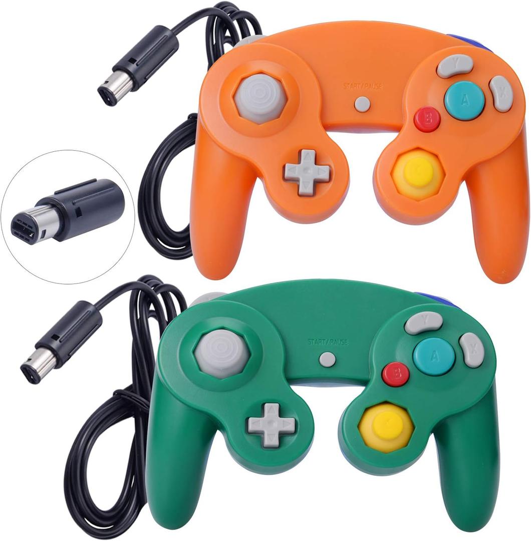 ONE250 2 Pack Classic Shock Joypad Wired Controller, Compatible with Wii NGC Gamecube Game Cube (Orange & Green)