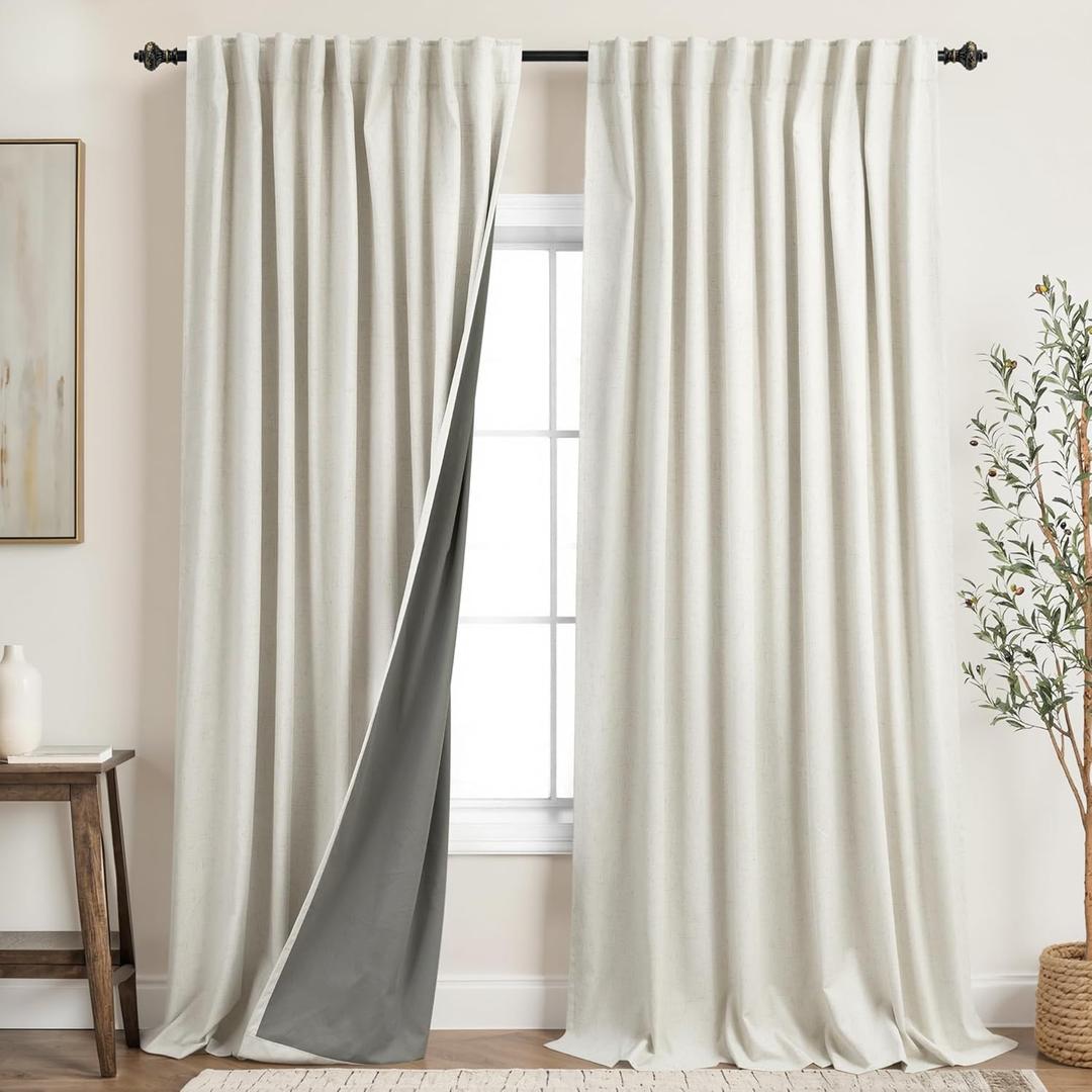 Extra Wide Linen Black Out Curtains Drapes 96 Inch Long 2 Panels Set Pleated Thermal Blackout Boho Modern Farmhouse 8FT Floor to Ceiling Curtains for Living Room 70 x 96 By Size