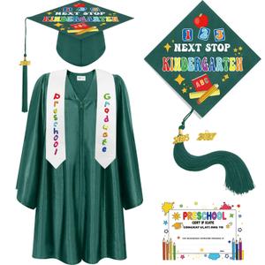 Bokon 4 Pcs 2026 Kindergarten Preschool Graduation Cap and Gown with Tassel Graduation Stole and Certificate for Toddler Kids(24,Green)