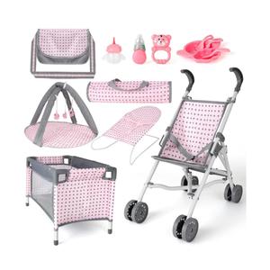 deAO Baby Doll Stroller Crib Bed Nursery Role Play Set Baby Doll with Accessories and Play Mat,Travel Cot,Bouncer,Foldable Stroller and Travel Bag Gifts for Toddlers Girls Boys
