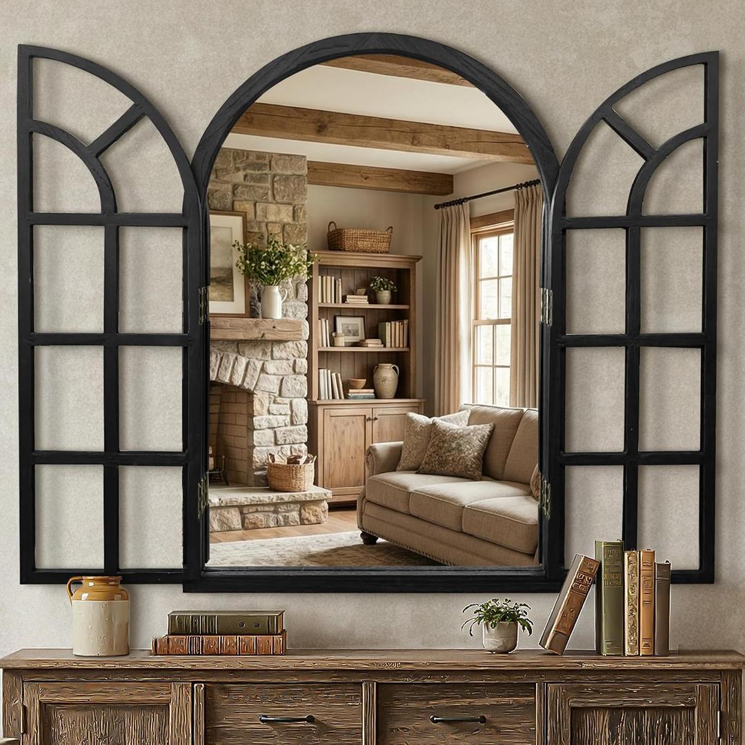 Arched Window Mirrors for Wall, Wooden Rustic Farmhouse Mirror for Wall Decor 26 x 38 Black, Decorative Wall Mirror Arch for Living Room, Bedroom, Bathroom, Fireplace, Farmhouse