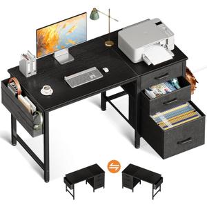 Casaottima 40-Inch Small Computer Desk with Fabric Drawers & File Cabinet, Home Office Desk with Cloth Storage Bag and Hook, Writing Study Work Table for Small Space, Vanity Desk for Bedroom, Black
