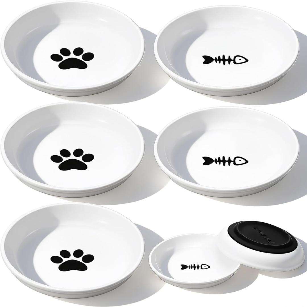6pcs Cat Food Bowl No Spill Ceramic Cat Bowls Shallow Plates Anti Whisker Fatigue Cats Bowl Set Cats Dishes with Nonslip Silicone Bottom Shallow Wide Kitten Plates for Feeding Indoor Food Water