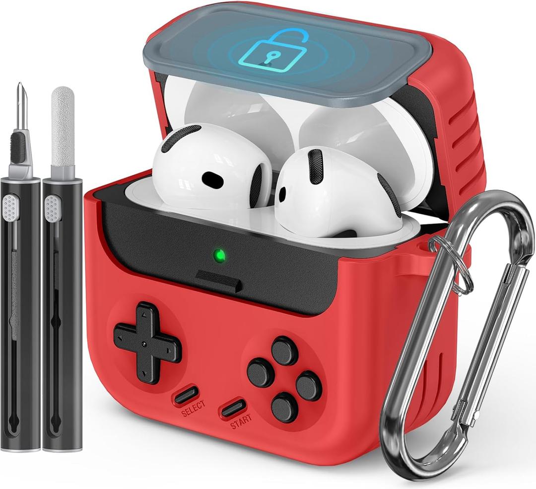 Inesore for Airpods 4 Case with Lock,Compatible with Airpods 4 with Active Noise Cancellation Cases,Classic Cool Funny Game Console Air pods4 Case Cover for Men Boy with Cleaner Kit(Red)
