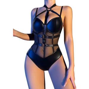 Lilosy Sexy Crisscross Choker Leather Pu Underwire Babydoll Women Harness Teddy Bodysuit Nightshirt One Piece, Large, Black 
