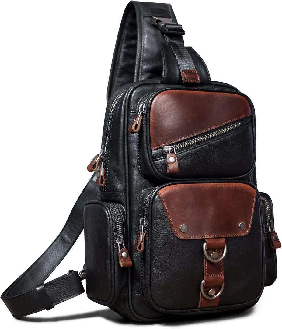 Genuine Leather Sling Bag for Men Large Crossbody Shoulder Bag Casual Sling Backpack Anti-Theft Travel Chest Purse (Black)