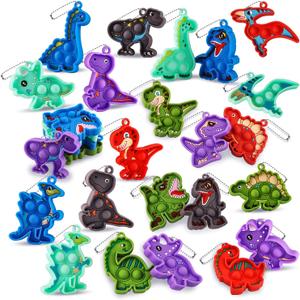 Kiss Monkey 24 Pack Dinosaur Party Favors for Kids, 12 Styles Dinosaur Silicone Fidget Keychains Bulk, Pop Sensory Fidget Toys, Birthday Goodie Bag Fillers, Classroom Prizes for Boys Girls