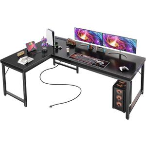 Huuger 55 Inch L Shaped Desk with Power Outlets and USB-C Port, Reversible Computer Desk, Larger Office Corner Gaming Desk, 0.95 Inch Thicker Desktop, Metal Frame, for Home Office, Study, Black
