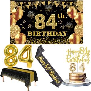 84th Birthday Decorations Men Women with 84th Birthday Banner, Black and Gold Table Cloth, Number Balloons, Large Sash, Cake Topper and Candles