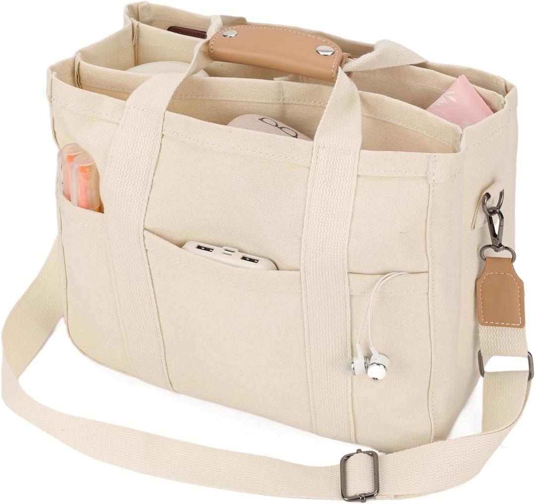 Barsine Messenger Bag for Women and Men, Multi-Pocket & Compartments Everyday Tote, Lightweight Canvas Bible Sturdy Bag (White)