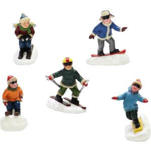 MOMENTS IN TIME Christmas Village Set of 5 Skiing Snowboarding Figures Hand Painted Polyresin Holiday Skiers Snowboarders for Miniature Winter Scene