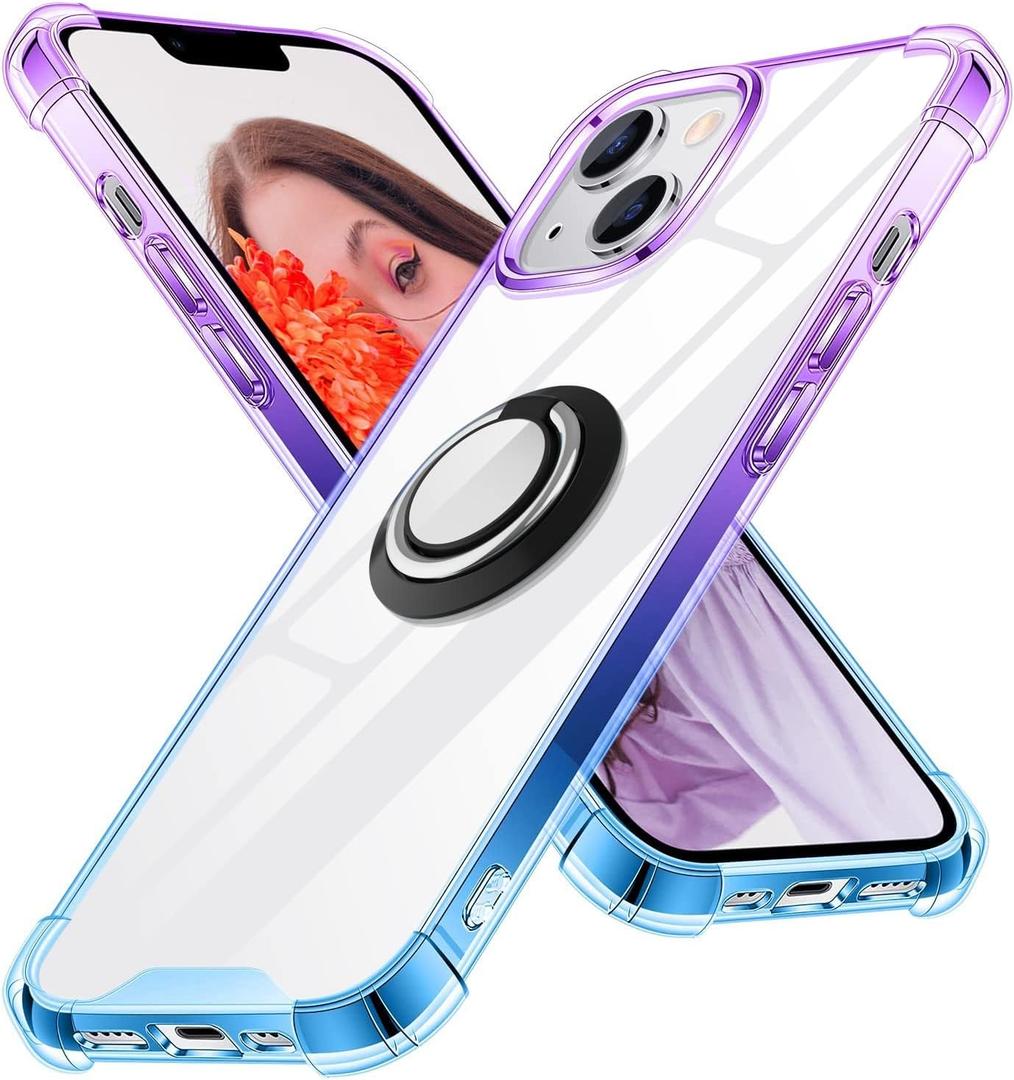 Ring Holder Series Case Designed for iPhone 13 6.1 Inch, Clear Cute Slim Colorful Bumper Protector Phone Stand Cover Support Magnetic Car Phone Mount (Purple Blue)