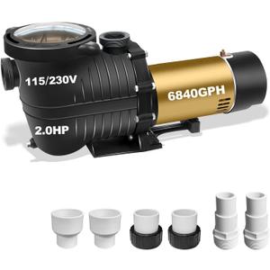 2HP Dual Voltage 115/230v Swimming Pool Pump w/ 1.25" Hose Adapters and 1.5" & 2.0" Pipe Fittings, 6840GPH Qmax, 48FT Hmax, Thermal Protected Long lifespan Pool Motor