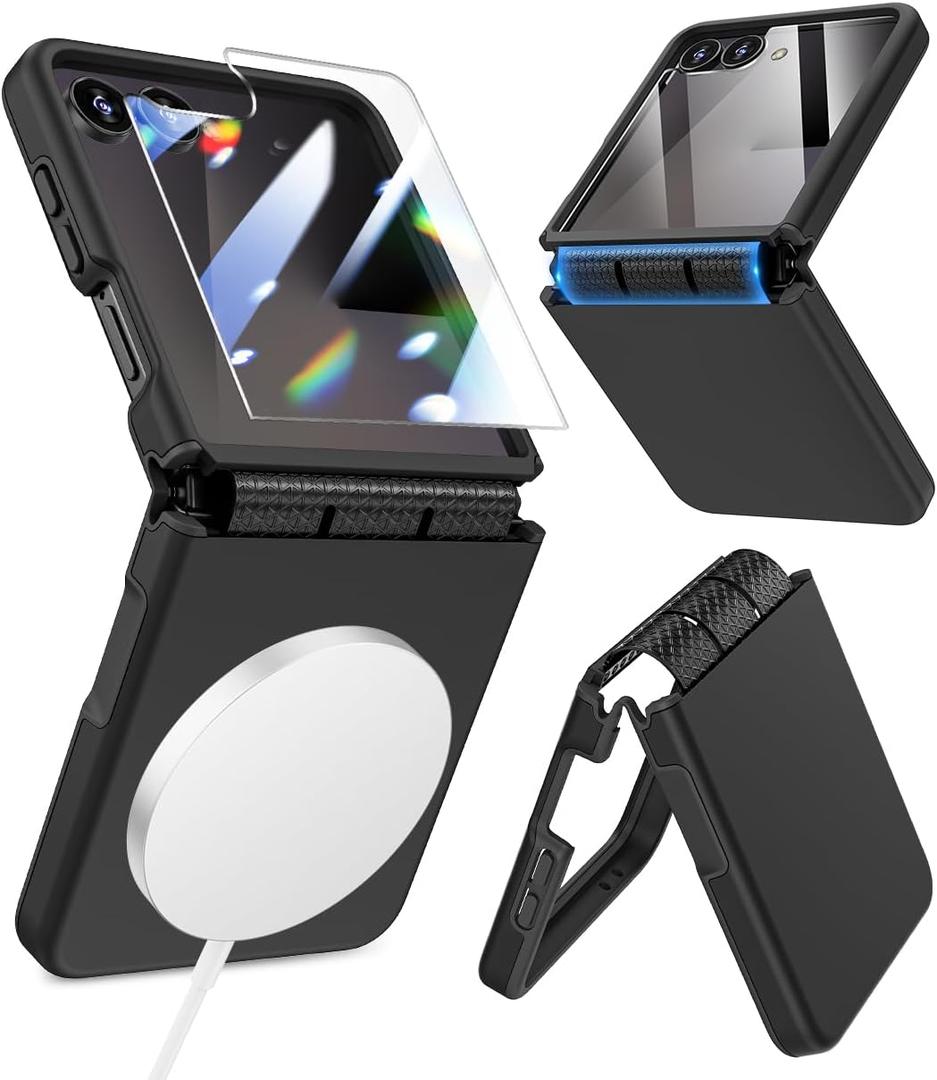 Caka for Samsung Galaxy Z Flip 7 Case [Magnetic Charging][Hinge Protection] [Screen Protector] Women Men Shockproof Protection Phone Cover for Z Flip 7 2025 - Black