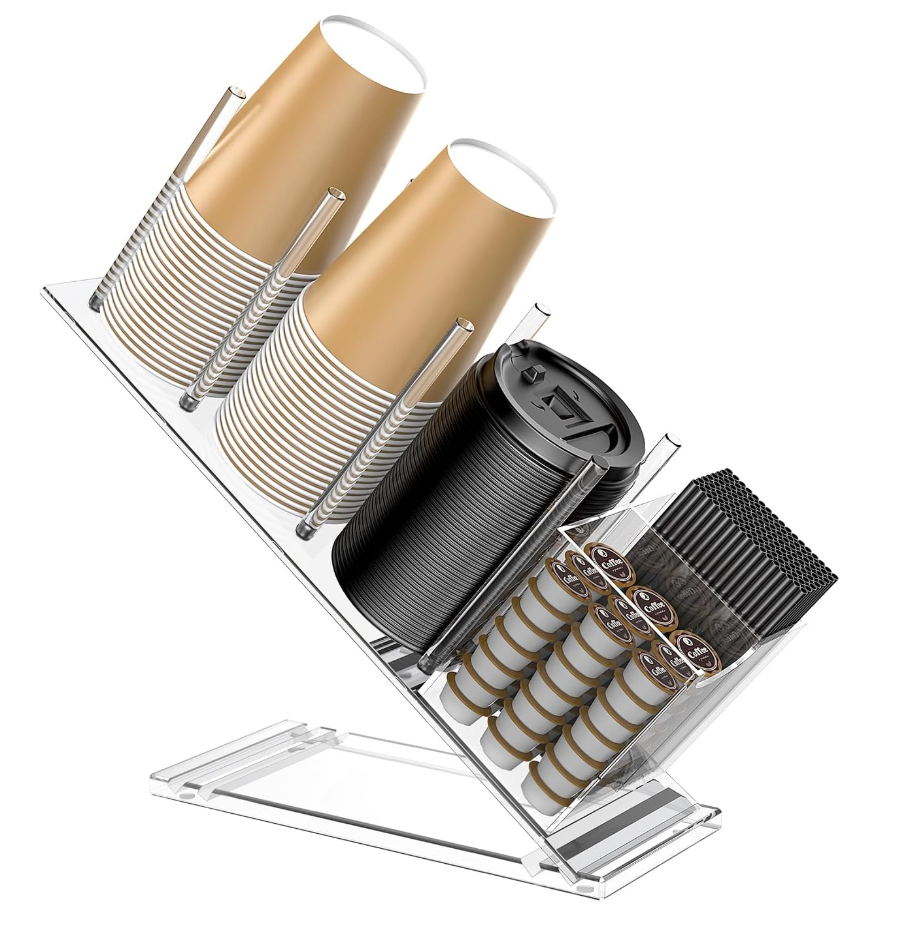 Acrylic Cup and Lid Holder with Straw Organizer, Adjustable Coffee Cup Holder Organizer, 5 Compartment Cup Dispenser for Disposable Paper & Plastic Cups, for Station Home Countertop(Patent in Effect)
