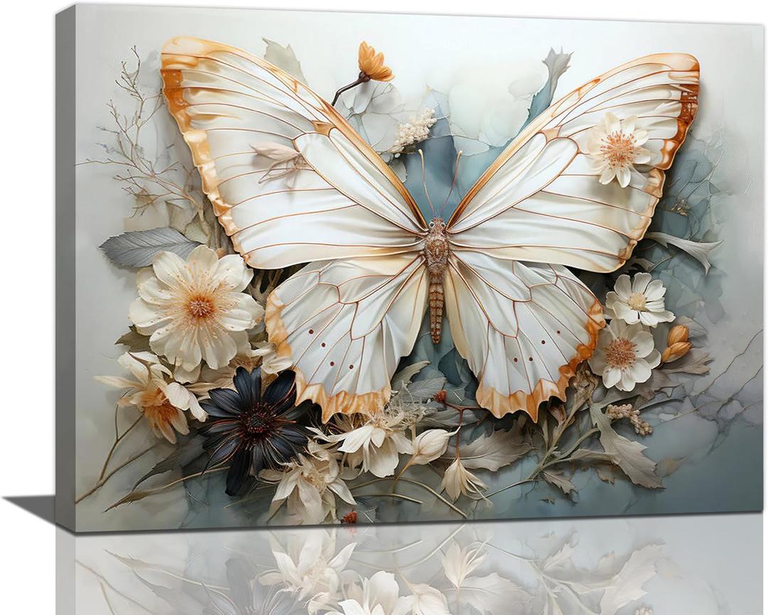 Butterfly Flower Decor Wall Art Aesthetic Butterflies Pictures Wall Decor Abstract Butterfly Floral Canvas Painting Modern Artwork Decorations Framed for Bathroom Living Room Bedroom Office 16x12 inch