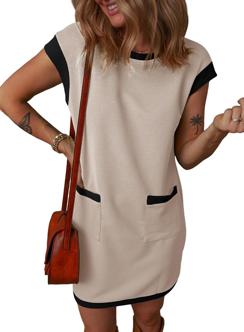 Dokotoo Women's 2026 Casual Spring Summer Dresses Fashion Cap Sleeve Color Block Crewneck Shift Tshirt Mini Dress (M)