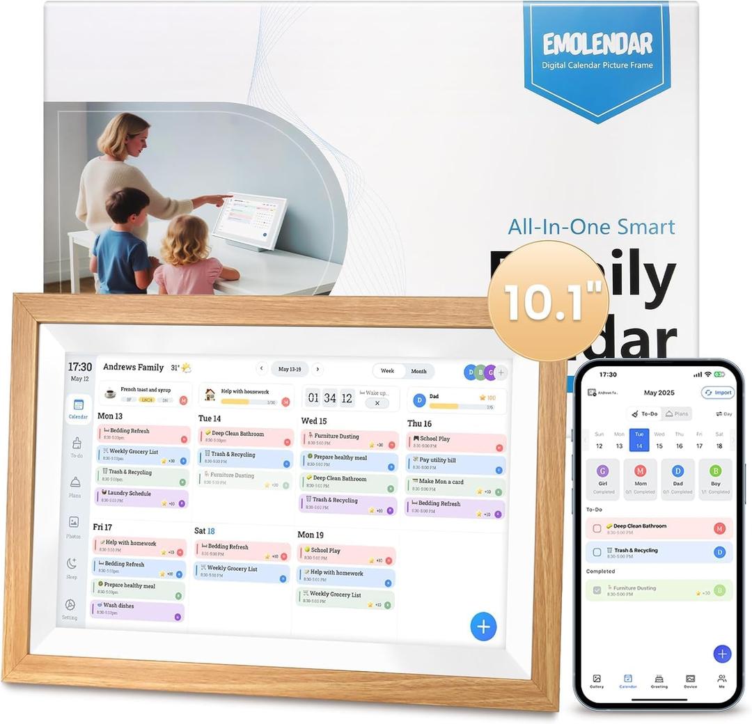 10.1 Inch Digital Calendar with Wooden Frame,Touchscreen Wifi Eletronic Calendar,Smart Family Planner for Meal Plans, Photo Display & To-do List, Wall & Desk Mountable,Picture Frame Calendar for Women Mom Wedding Birthday