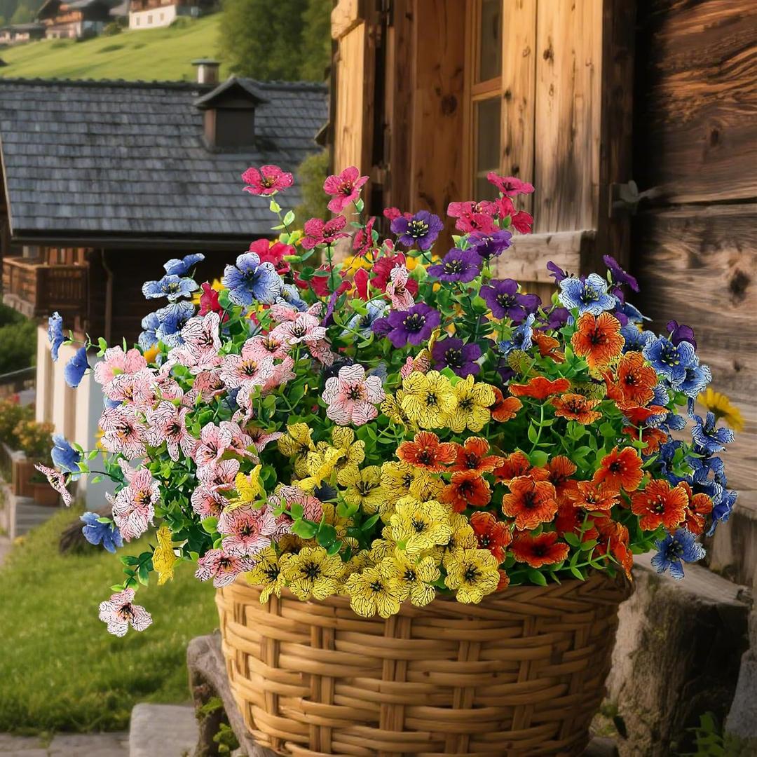 summer flower Fake for Decoration, 12 Bundles Outdoor Fakeplants, Outdoor Silk Artificial Flowers Uv Resistant for Planter Front Door Porch Yard Patio (6 Mix Color-12)