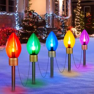 Jumbo C9 Christmas Lights Outdoor Decorations Lawn with Pathway Marker Stakes, 8.5 Feet String Lights Covered Jumbo Multicolored Light Bulb for Holiday Time Outside Yard Garden Decor, 5 Lights (1 Pack)