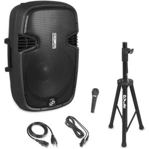 Pyle Wireless Portable PA Speaker System - 1500W High Powered Bluetooth Compatible Active Outdoor Sound Speakers w/USB SD MP3 RCA - 35mm Mount, Stand, Microphone, Power Cable - Pyle PPHP155ST