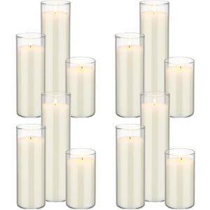 MTLEE Set of 12 White Pillar Candles with Glass Cylinder Vases Thin 2.1'' Wide Flower Glass Vases for Centerpiece Clear Hurricane Candle Holders and Candles Set Home Wedding Church Party, 3 Size