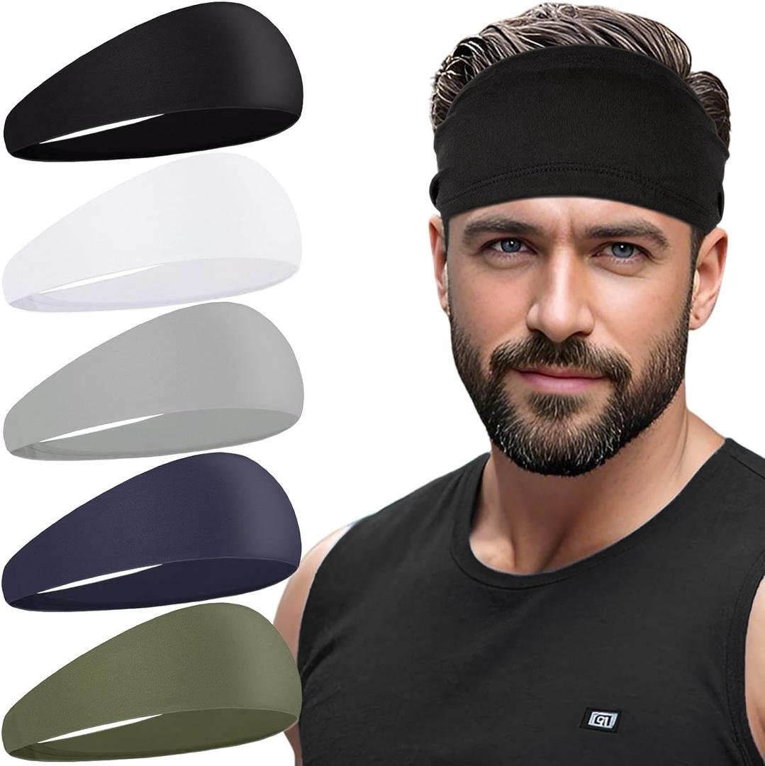 Sports Headbands for Men,Running Headband Moisture Wicking Workout Headband,Running,Fitness,Cycling,Basketball,Football,Quick-Drying Unisex Hairband (Black, White, Light Gray, Army Green, Dark Blue)