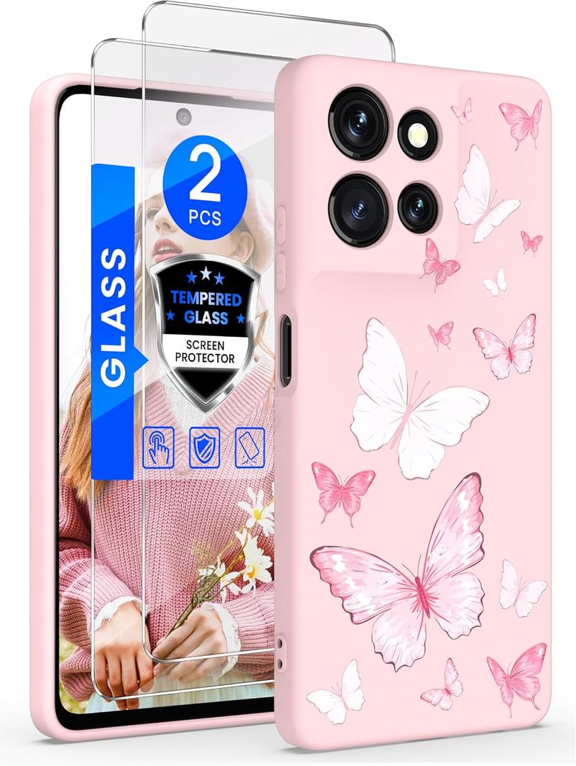 for Motorola Moto G 5G 2025 Case, Girls Women Florals Liquid Silicone Phone Case, Shockproof Anti-Scratch Soft Protection Case with 2X Screen Protectors for Moto G 5G 2025 (Pink Butterflies)